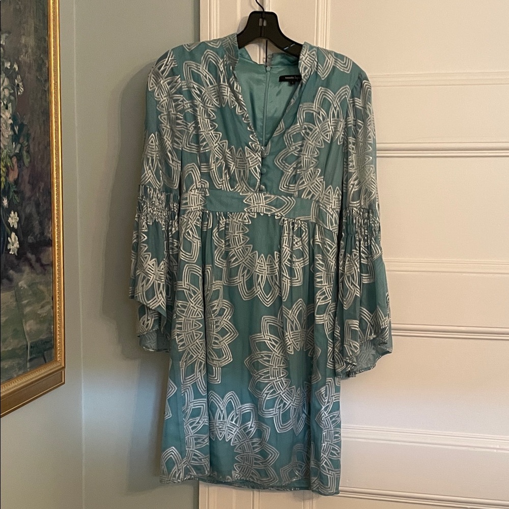 Nanette Lepore Teal and White Long Sleeve Dress